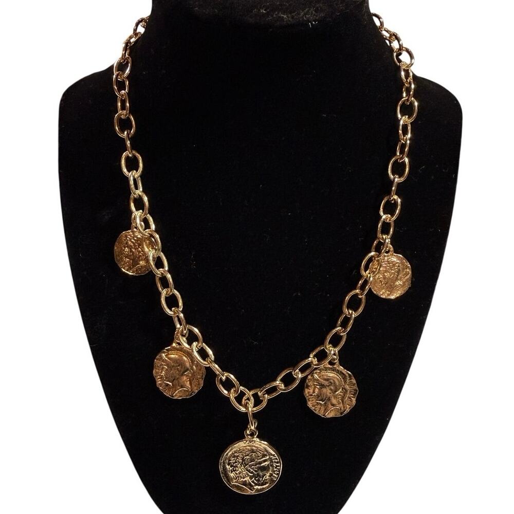 Roman Coin Goldtone Medallion Chunky Charm Drop Necklace
